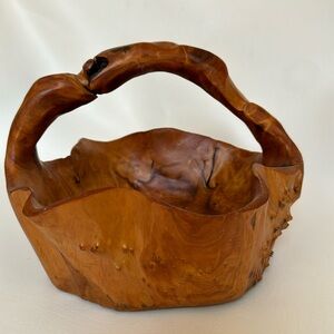 Hand Crafted Burl Wood Basket with Handle -Mid Century Large - 10”X10"X7”Rustic